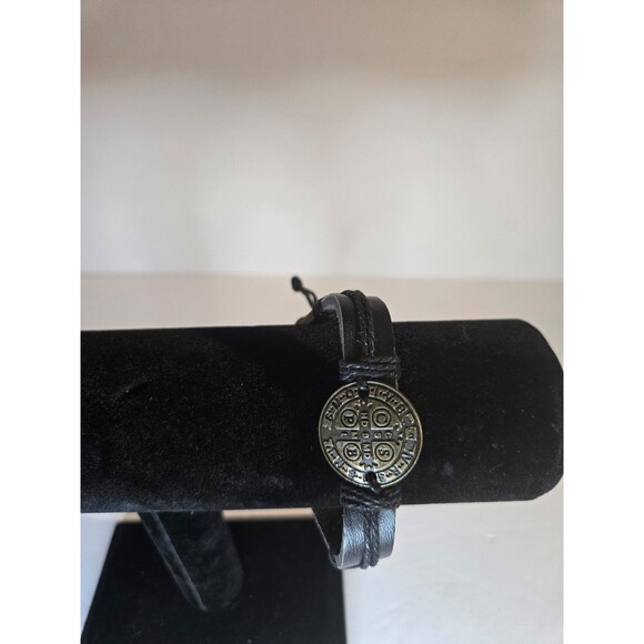 Other - Black Men's Leather Bracelet Religious Catholic Saint St Benedict Medal protect